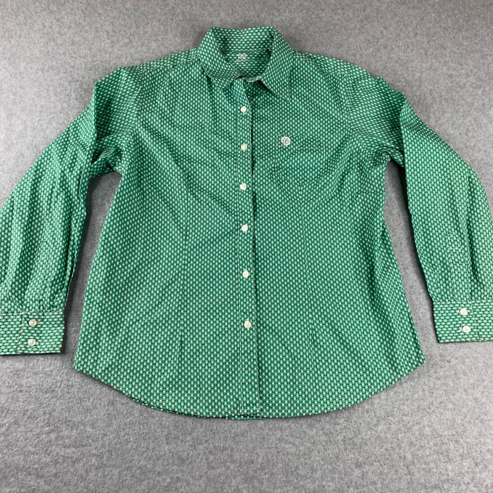 Wrangler George Strait Top Womens L Green Diamond Print Long Sleeve Button Down